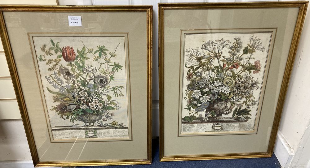 H. Fletcher, pair of coloured engravings, February and October, 41 x 29.5cm
